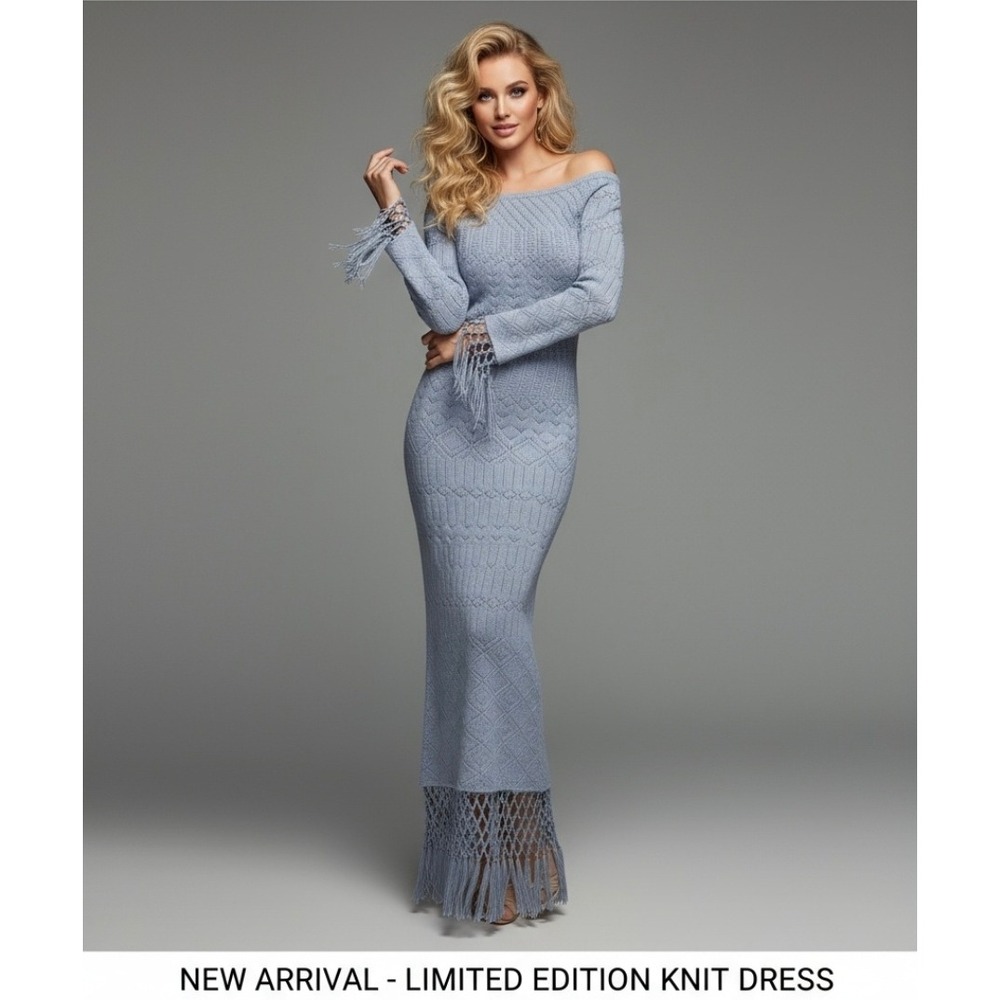 House of Harlow 1960 Light Blue Knit Fringe Maxi Dress - Size: Small - Boho